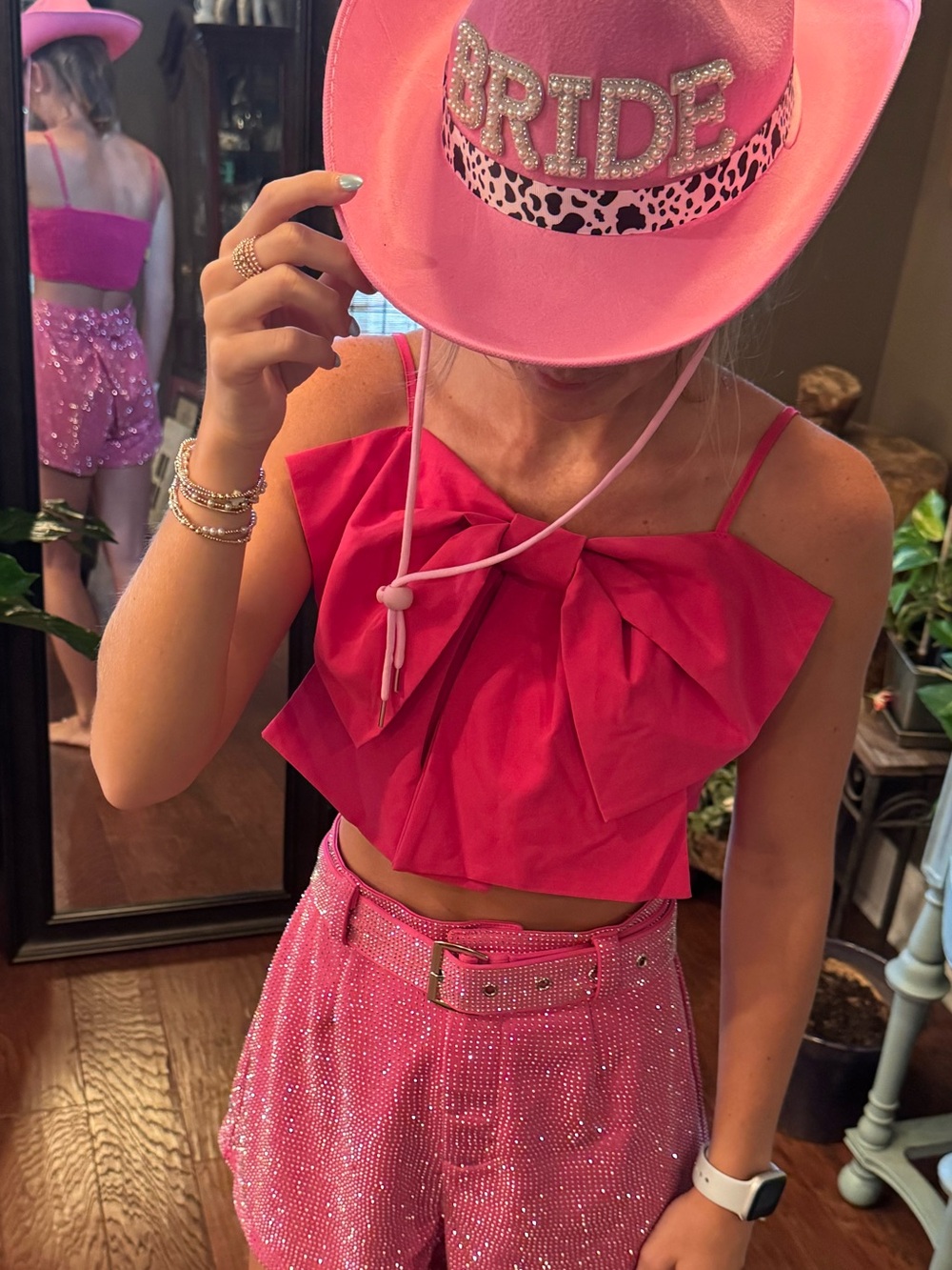 Bow-Front Pink Crop Top with Spaghetti Straps - Women